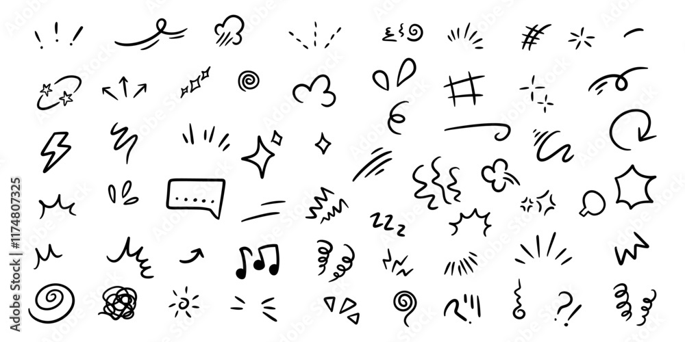 Naklejka premium Doodle cute glitter pen line elements. Doodle and scribble heart, arrow, star, sparkle decoration element symbol