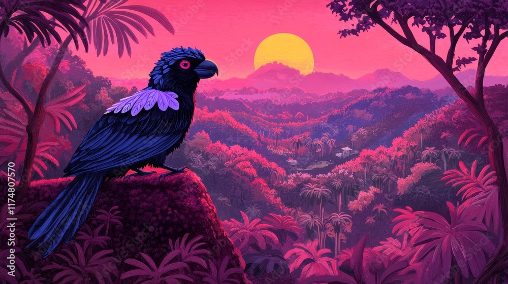 Fototapeta premium A vibrant, stylized parrot perched on a rock overlooking a sunset jungle vista