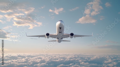 Captivating View of a Modern Airplane Flying Above the Clouds