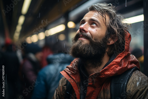 multifaceted nature of rain encompassing both serene contemplation and vibrant commotion of individuals maneuvering through dampened thoroughfares photo