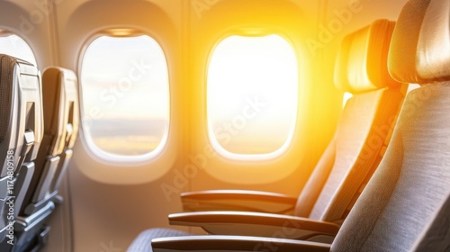 Sunlit Airplane Cabin with Empty Seats and Bright Windows