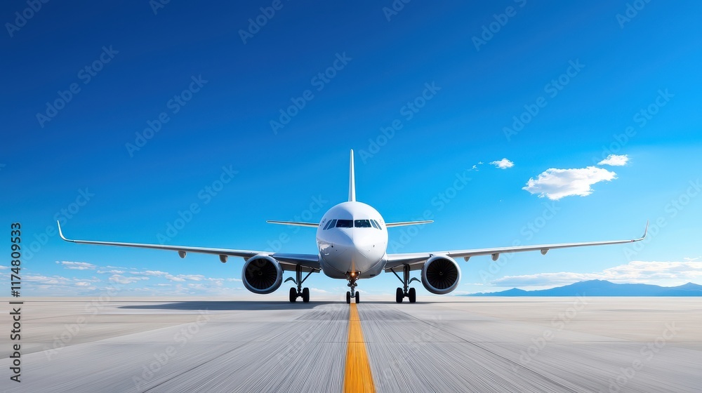 Naklejka premium Clear Blue Sky with a Modern Airplane on the Runway