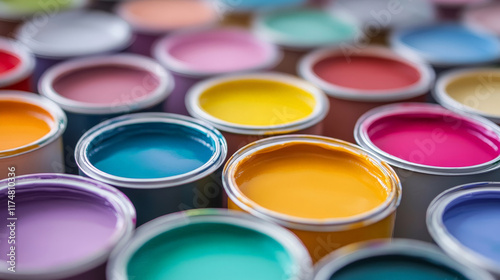 close-up view of colorful paint cans, each filled with vibrant and rich shades of paint. The image showcases a diverse palette of colors, perfect for artistic inspiration and creativity photo