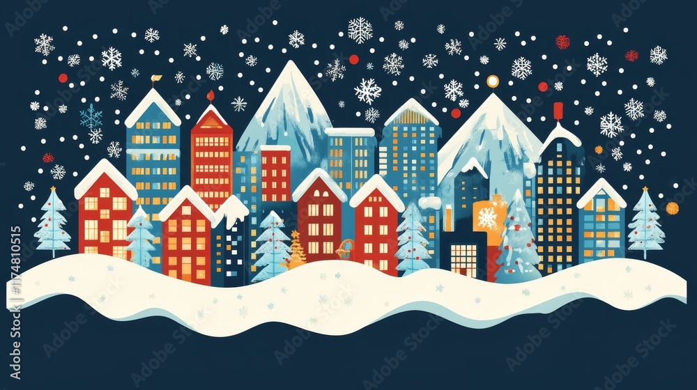 A whimsical snowy cityscape at night, featuring colorful buildings and falling snowflakes A whimsical snowy cityscape at night, featuring colorful buildings and falling snowflakes