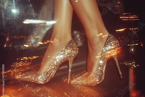 Woman wearing glittery high heels walking in city at night