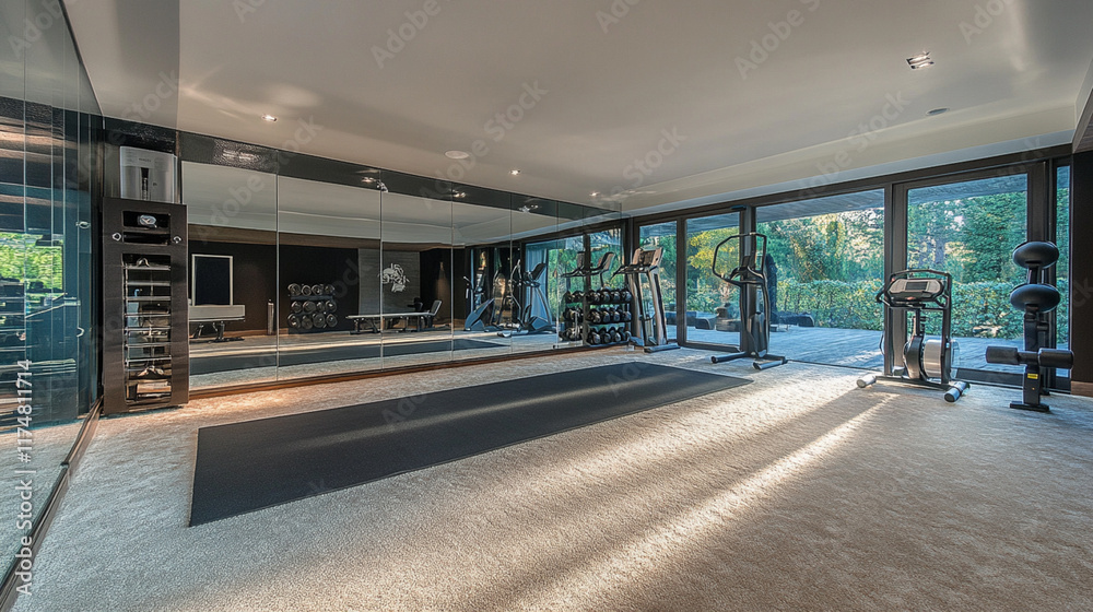 Modern home gym, soft carpets, mirrored walls, custom storage for equipment, sunlight streaming in, late afternoon warmth Modern home gym, soft carpets, mirrored walls, custom storage for equipment, sunlight streaming in, late afternoon warmth