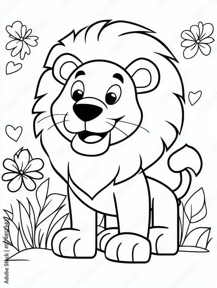 Adorable Cartoon Lion Surrounded by Flowers and Hearts Adorable Cartoon Lion Surrounded by Flowers and Hearts