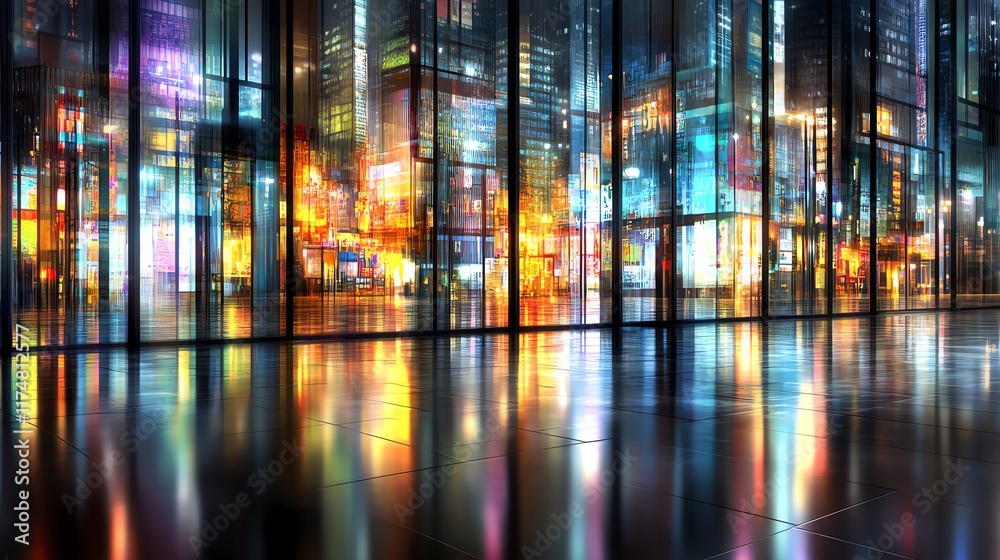Fototapeta premium Vibrant urban cityscape with colorful reflections on glass buildings, capturing the essence of modern architecture and nightlife in a bustling metropolis.
