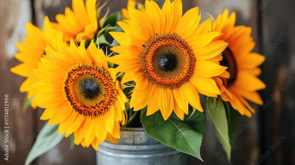Obraz premium Bright Yellow Sunflowers in a Rustic Metal Vase