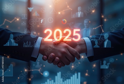 Business handshake with glowing 2025 in background
