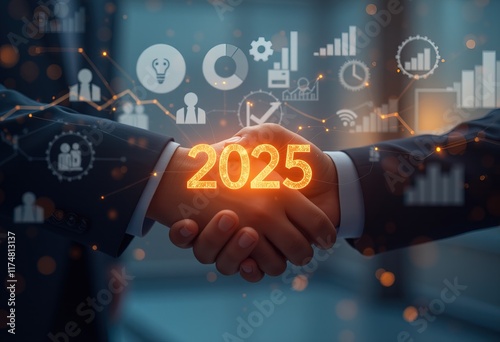 Business handshake with glowing 2025 in background
