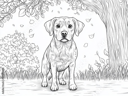 Charming Black and White Sketch of a Playful Dog in Nature photo