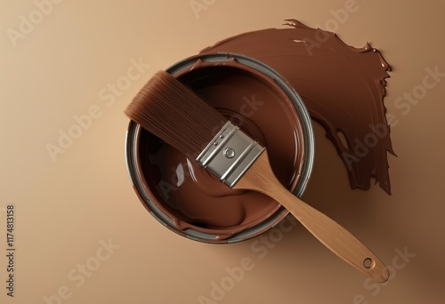 Paintbrush dipped in can of brown paint on beige background photo