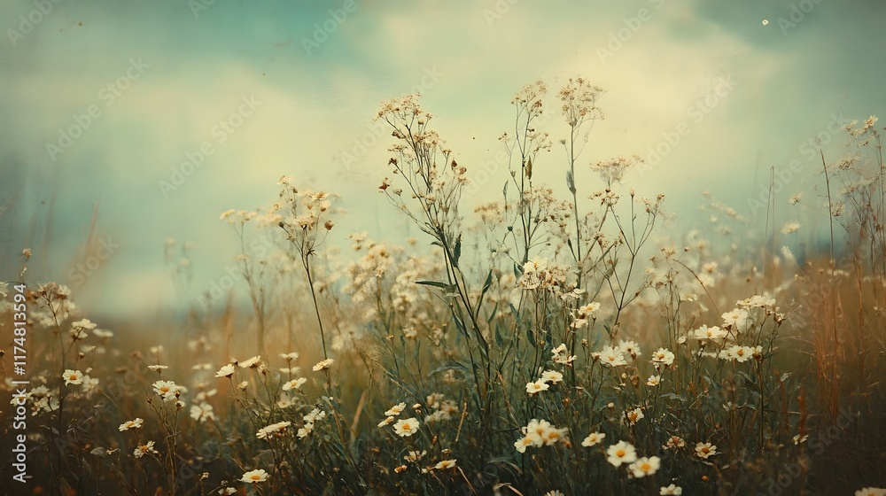 Obraz premium Scenic midsummer landscape with blooming wildflowers and daisies in a lush green meadow Tranquil and serene rural countryside scenery with vibrant floral elements