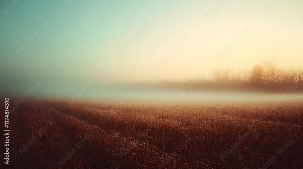 Fototapeta premium Misty atmospheric landscape of a grassy field in the countryside with a glowing horizon and hazy dreamlike during the early morning hours The serene