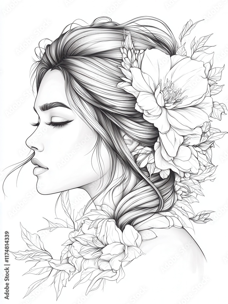 Elegant Floral Portrait of a Woman in Profile View Elegant Floral Portrait of a Woman in Profile View