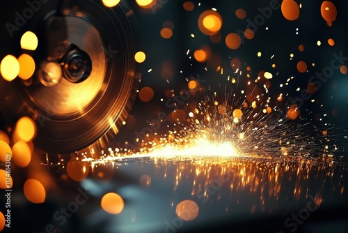 Industrial metalworking, sparks flying, angle grinder, dark workshop, glowing embers, bokeh lights, moody atmosphere, warm orange tones, close-up detail, high contrast, dramatic lighting, metal shavin photo