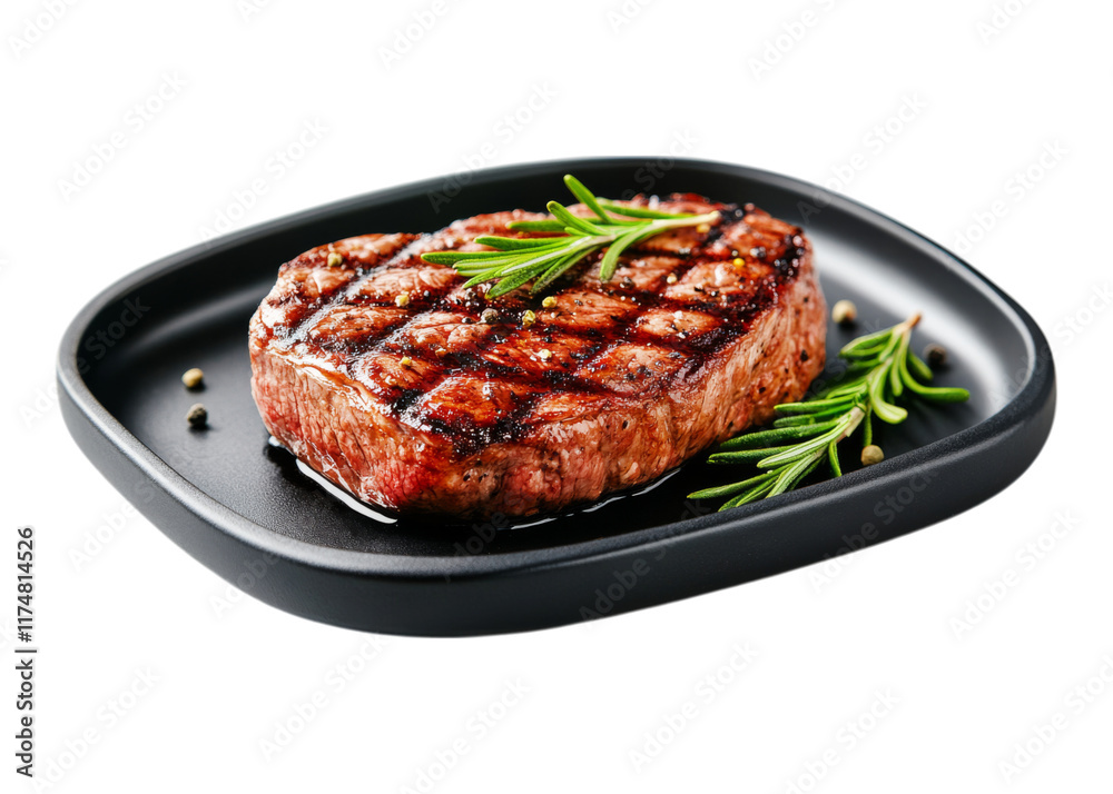Perfectly Grilled Steak: A juicy, medium-rare steak, perfectly seared with grill marks and garnished with fresh rosemary sprigs, rests on a black plate. Perfectly Grilled Steak: A juicy, medium-rare steak, perfectly seared with grill marks and garnished with fresh rosemary sprigs, rests on a black plate.