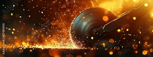 Industrial metalworking, sparks flying, angle grinder, dark workshop, glowing embers, bokeh lights, moody atmosphere, warm orange tones, close-up detail, high contrast, dramatic lighting, metal shavin photo