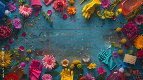 Floral Cleaning Supplies Layout on Vibrant Wooden Surface