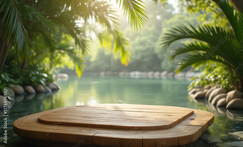 Tranquil wooden platform in lush greenery Tranquil wooden platform in lush greenery