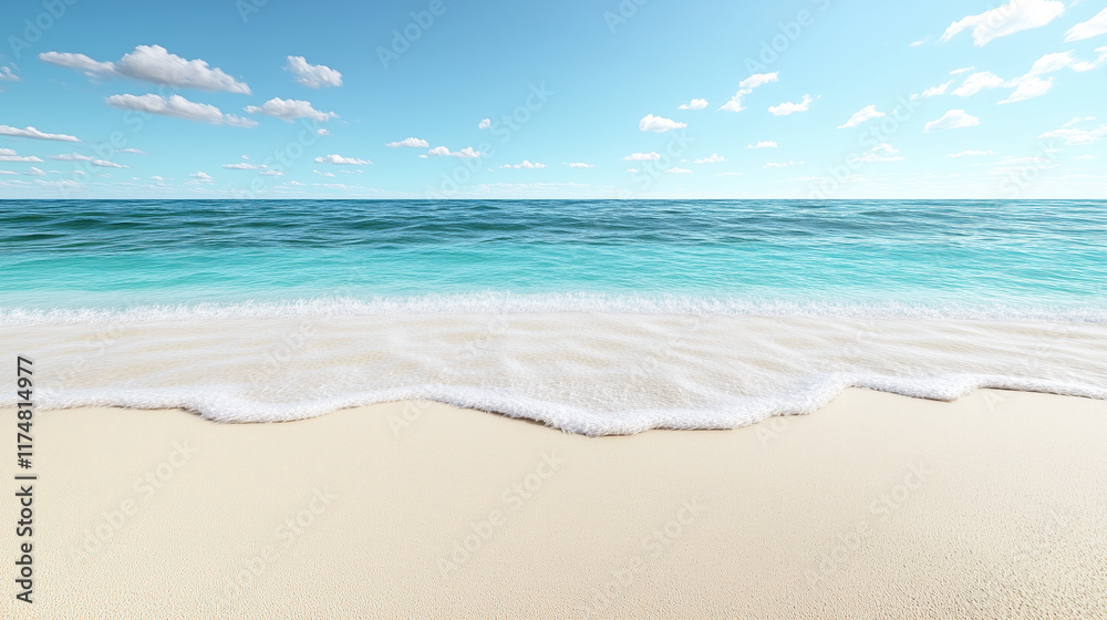 Tranquil beach with gentle waves and clear blue sky, perfect for relaxation