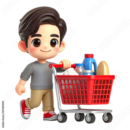 Shopping Spree: A cheerful 3D cartoon boy with brown hair, wearing casual clothing, pushes a red shopping cart full of groceries, ready for a fun and fruitful shopping trip.   photo