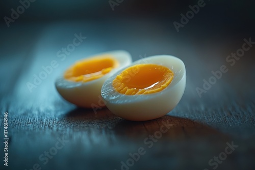 Close-up of two halved soft-boiled eggs, highlighting their creamy yolks and smooth whites on a wooden surface. photo