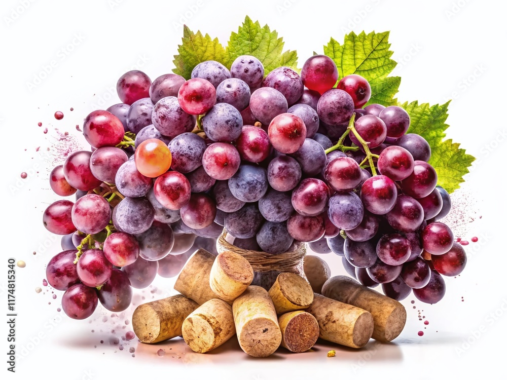 Obraz premium Double Exposure: Grasa Wine Grapes & Corks on White