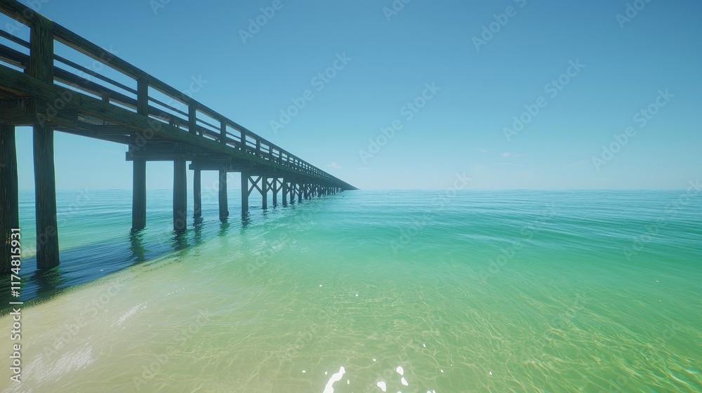 A serene beach scene featuring a long wooden pier extending over calm waters. A serene beach scene featuring a long wooden pier extending over calm waters.