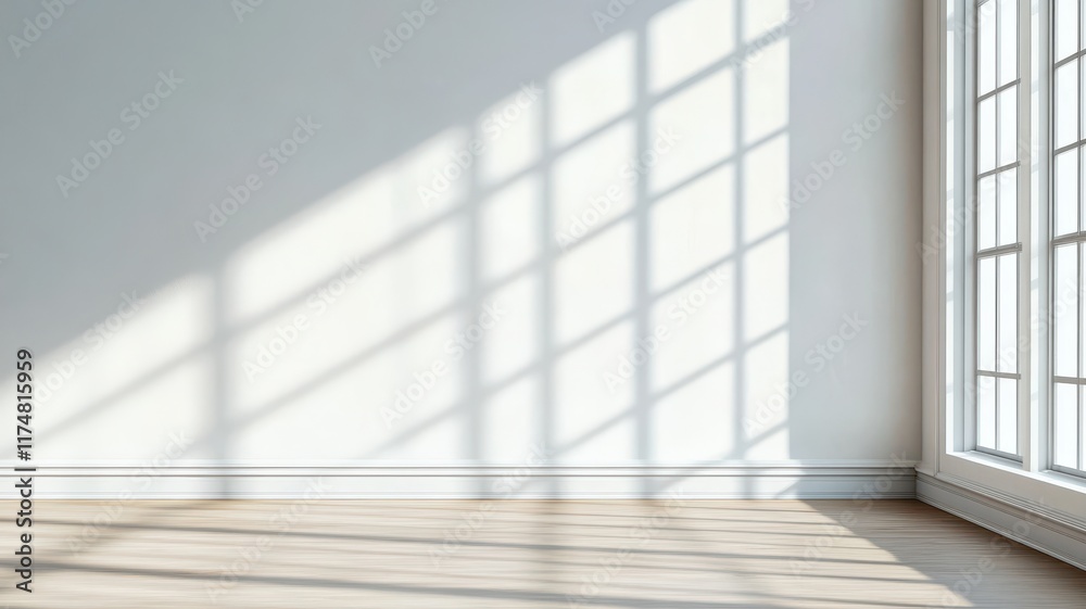 Fototapeta premium Sun's rays cast dramatic shadows on a pristine white surface, creating a striking play of light and form.