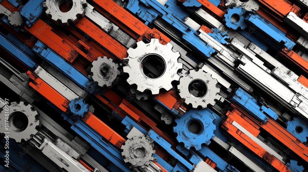 Abstract digital artwork of interlocking gears in blue, orange, and white