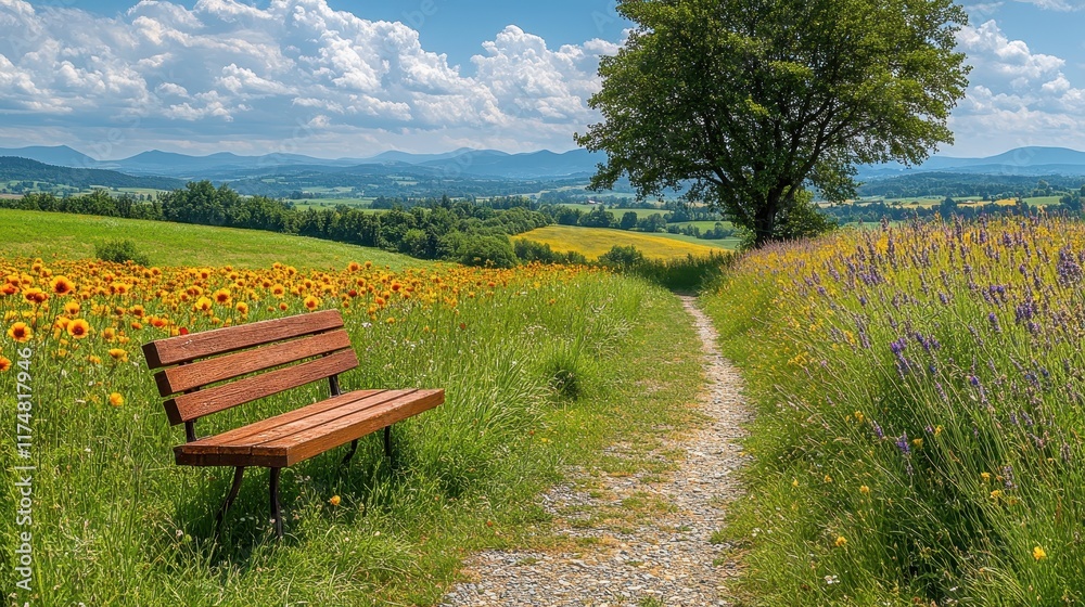 Wooden bench by path through flower fields
Wooden bench by path through flower fields
