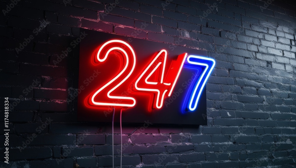 Obraz premium Bright neon 24/7 sign glowing against a dark brick wall. Suitable for nightlife, bars, entertainment venues, or 24-hour services like convenience stores and clubs