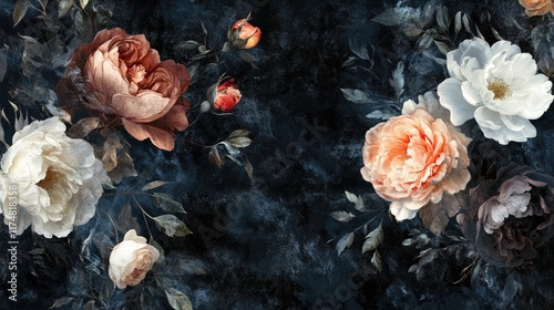 Dark Background Floral Painting Featuring Roses and Leaves photo