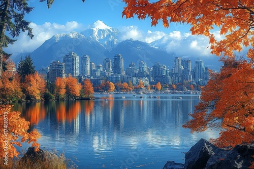 Vibrant autumn landscape with city skyline and snow-capped mountains in Vancouver photo