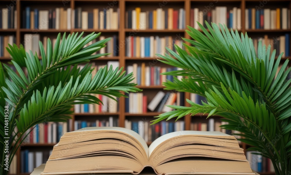 Open book with palm leaves in library setting Open book with palm leaves in library setting