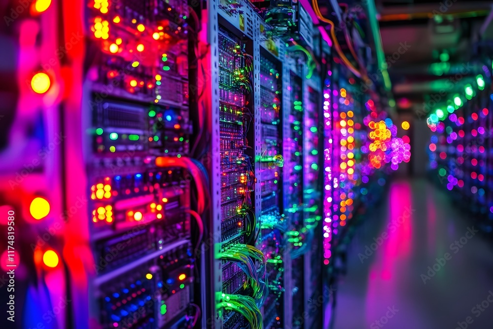Organized Rows of Glowing Servers in a Modern High Tech Data Center