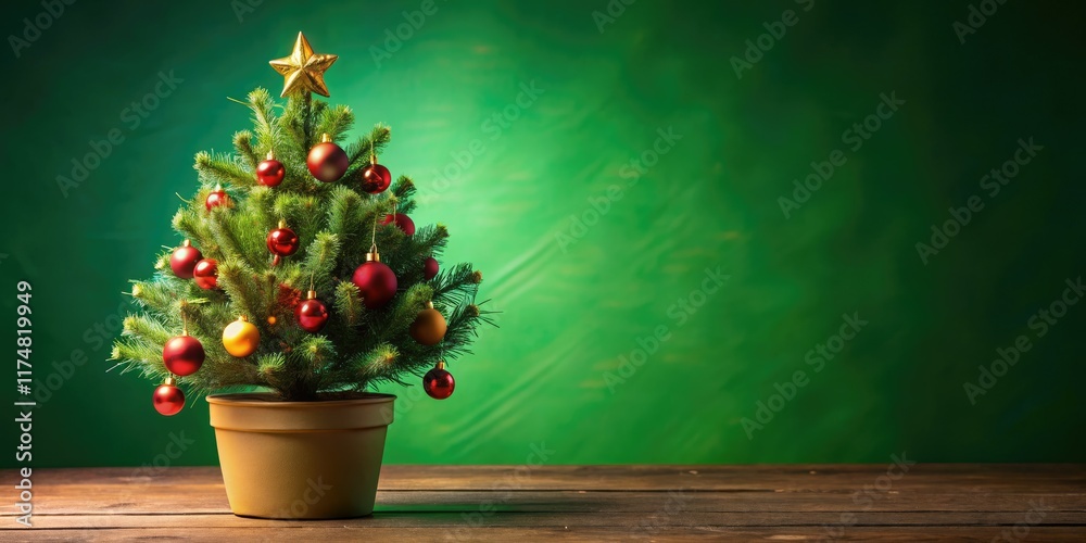 Fototapeta premium Green background highlights a vibrant artificial tree; festive potted plants add holiday cheer.