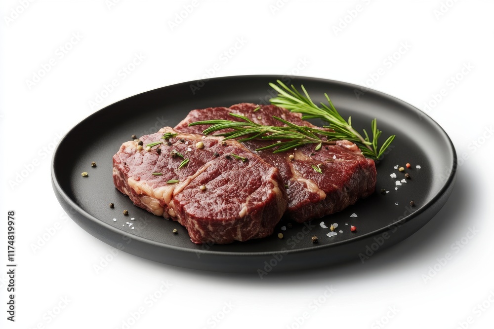 Fresh cuts of beef steak with rosemary on a black plate, ready for cooking. Fresh cuts of beef steak with rosemary on a black plate, ready for cooking.