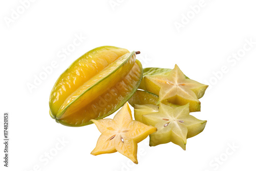 Fresh Yellow Starfruit with Slices on Transparent Background - Unique and Tangy Tropical Delight photo