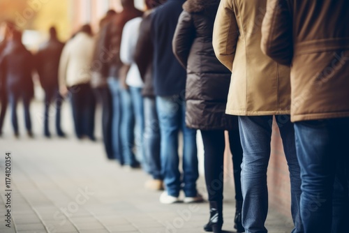 People standing in line outside public office, patiently waiting their turn