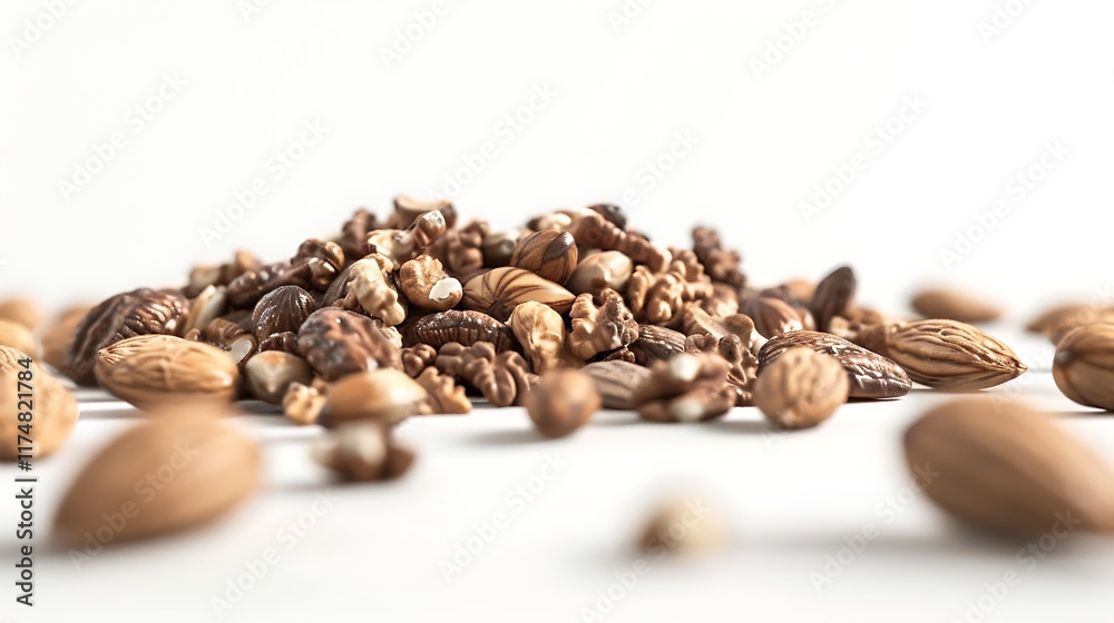 A handful of almonds and walnuts arranged neatly on a white background, showcasing their natural texture and role as healthy snacks. 8k UHD, suitable for high-quality printing or digital display. A handful of almonds and walnuts arranged neatly on a white background, showcasing their natural texture and role as healthy snacks. 8k UHD, suitable for high-quality printing or digital display.