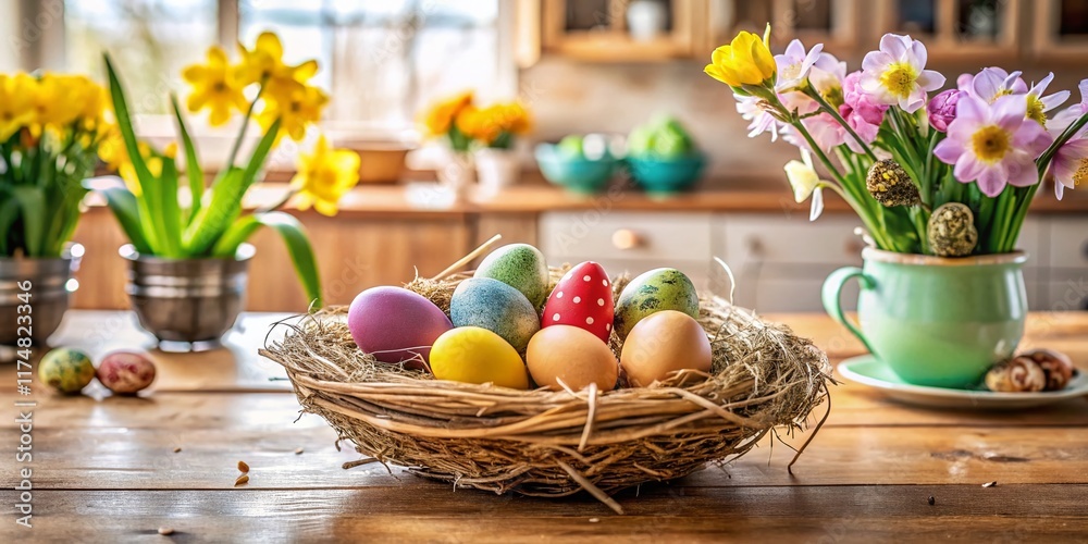Easter Eggs Nest Spring Flowers Modern Kitchen Table Decor Stock Photo Easter Eggs Nest Spring Flowers Modern Kitchen Table Decor Stock Photo