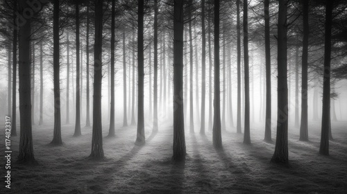 Fototapeta Naklejka Na Ścianę i Meble -  Monochromatic forest scene with fog and sunbeams creating a mystical atmosphere.