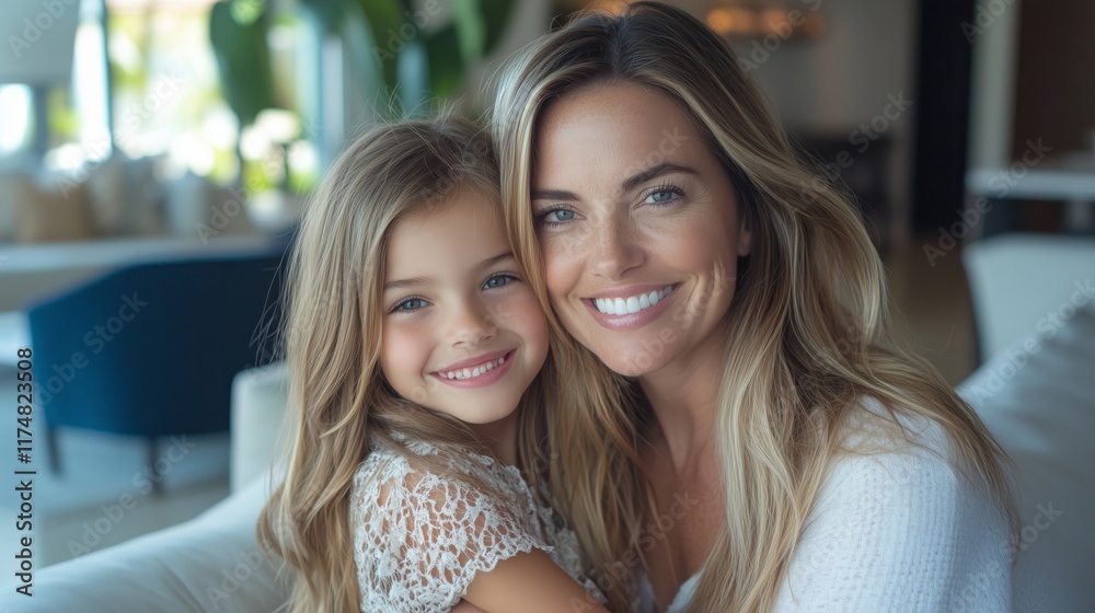 A portrait photo of a beautiful mother and daughter sitting on a sofa. This photo is useful for print advertisements and for digital as well. A portrait photo of a beautiful mother and daughter sitting on a sofa. This photo is useful for print advertisements and for digital as well.