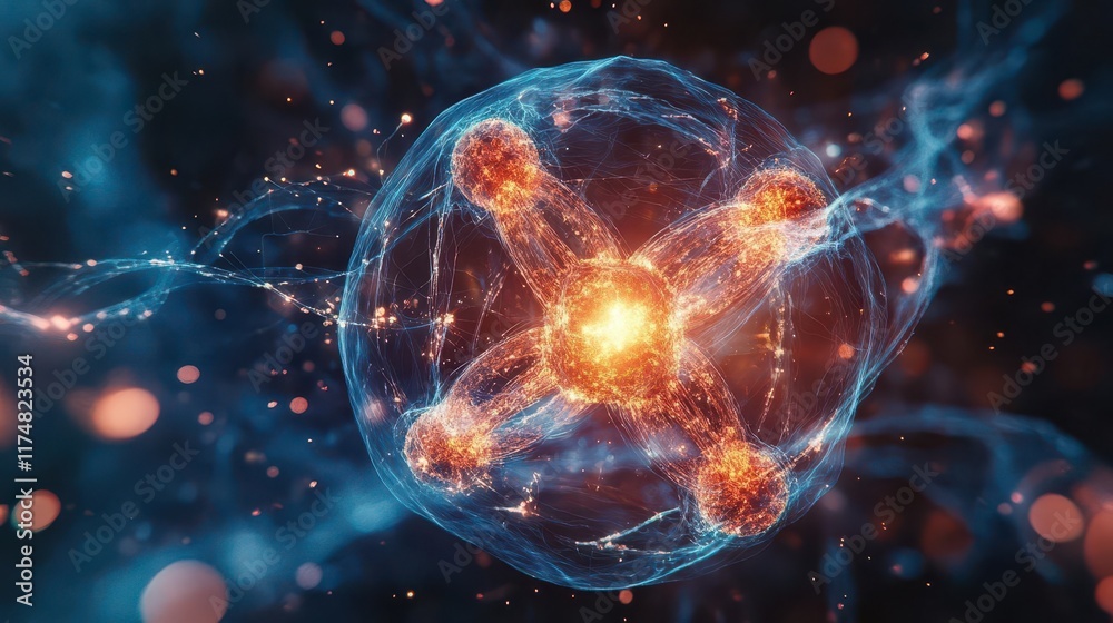 Abstract glowing atom structure with energy particles Abstract glowing atom structure with energy particles