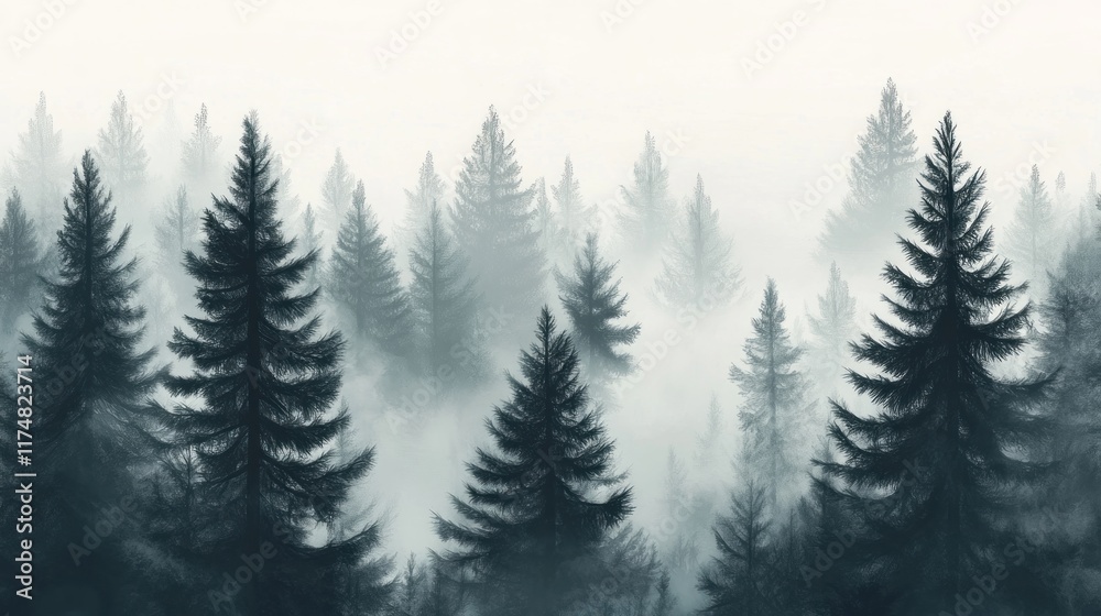 Obraz premium Misty forest landscape with dark green pine trees in fog.