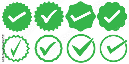 Green checkmark tick icon set. Checklist signs, approval badge, correct vote choice check box with right and wrong buttons and yes or no checkmark icons.