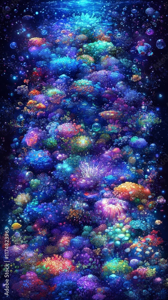 Fototapeta premium An ethereal, underwater cascade of luminous, multicolored fish